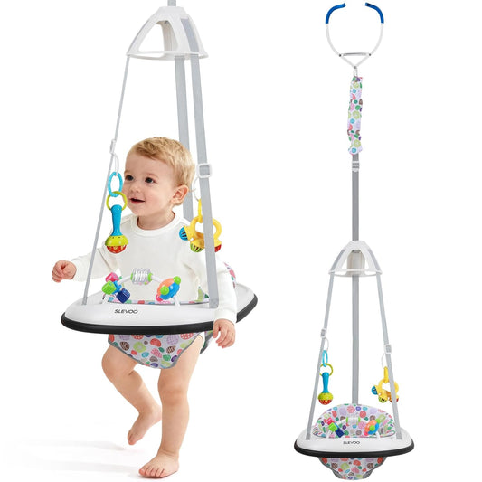 Slevoo Baby Jumper, Baby Door Jumper with Bumper, Play Tray and Two Jingle Rattles, Joyful Bubbles