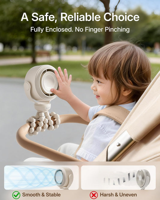 SWEETFULL Portable Stroller Fan, Pinch-Proof Baby Fan, 5-Speed Quiet Mini Clip on Fan, USB-C Rechargeable Battery, LED Display for Car Seat, Crib & Travel - Cream