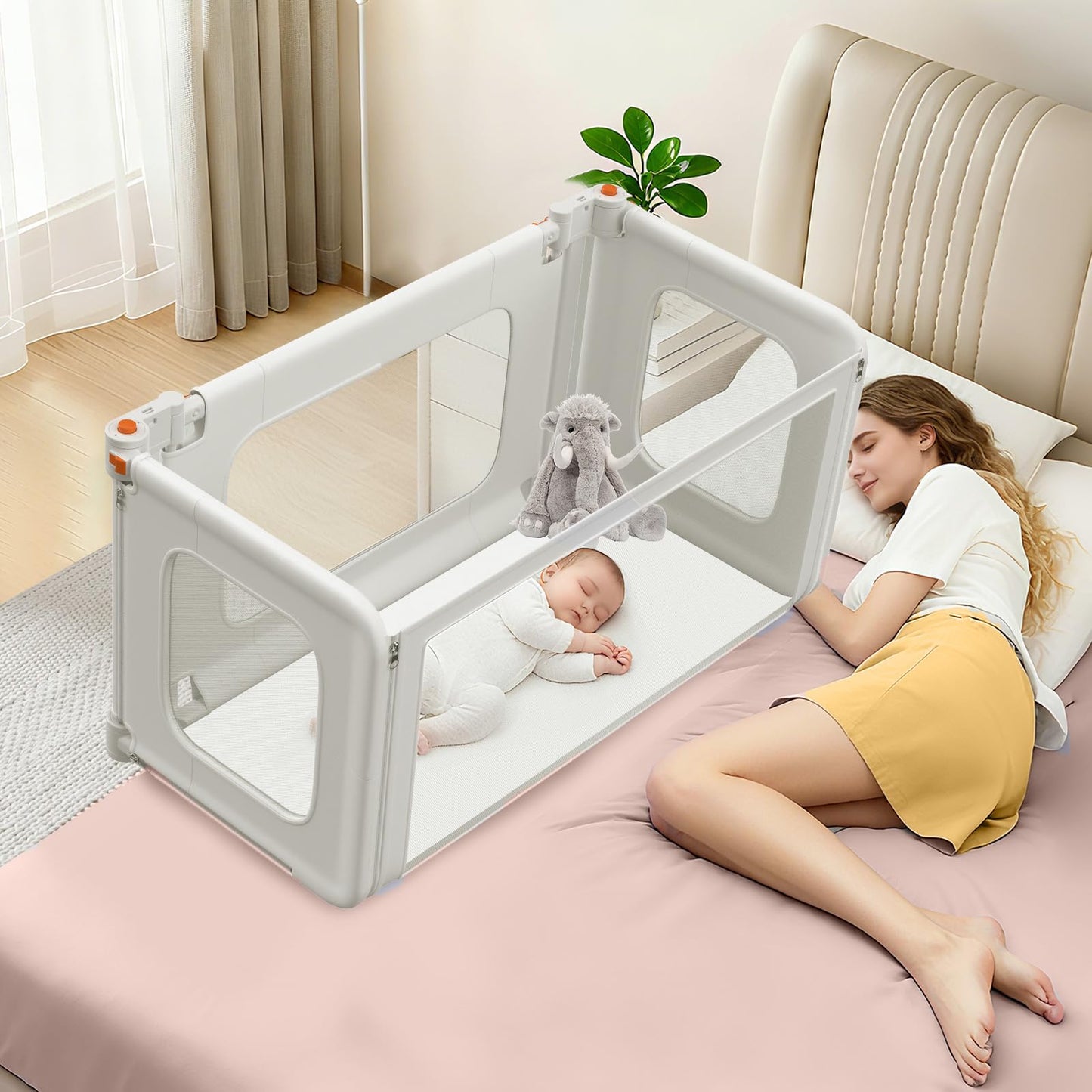 3 in 1 Bedside Bassinet, 69.26" x 19.29" Baby Bassinets Bedside Sleeper with Mosquito Net + Storage Bag + Child Lock, Baby Crib & Toddler Bed Rails for Twin, Full, Queen, King Size, Beige