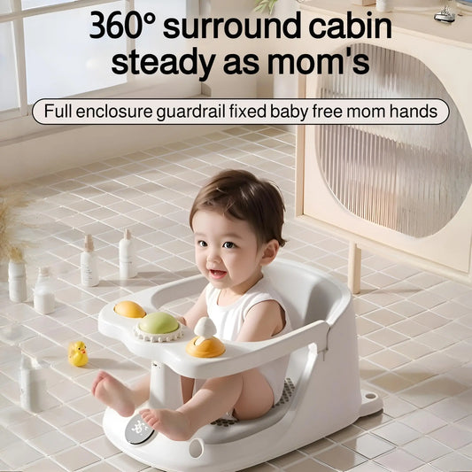 Baby Bath Seat with Temperature Sensor – Non-Slip Infant Bathtub Seat & Rinse Cup for 6M+