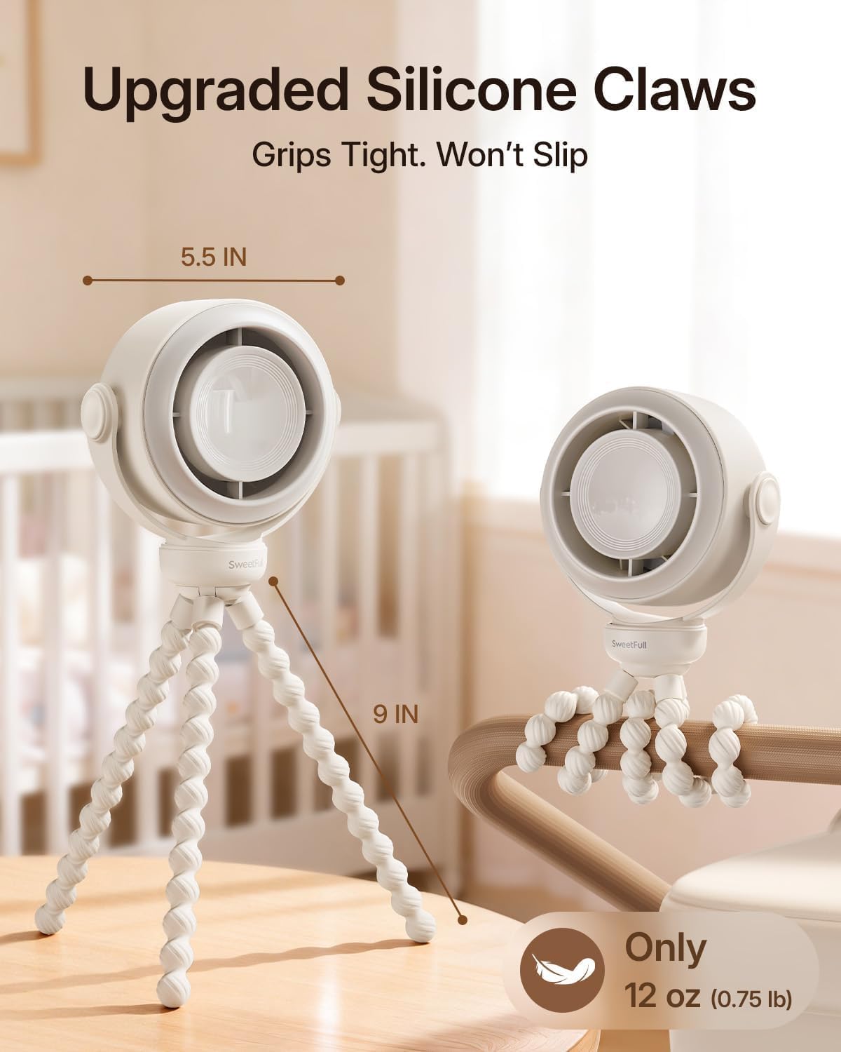 SWEETFULL Portable Stroller Fan, Pinch-Proof Baby Fan, 5-Speed Quiet Mini Clip on Fan, USB-C Rechargeable Battery, LED Display for Car Seat, Crib & Travel - Cream