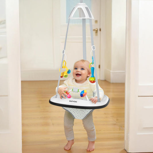 Slevoo Baby Jumper, Baby Door Jumper with Bumper, Play Tray and Two Jingle Rattles, Joyful Bubbles