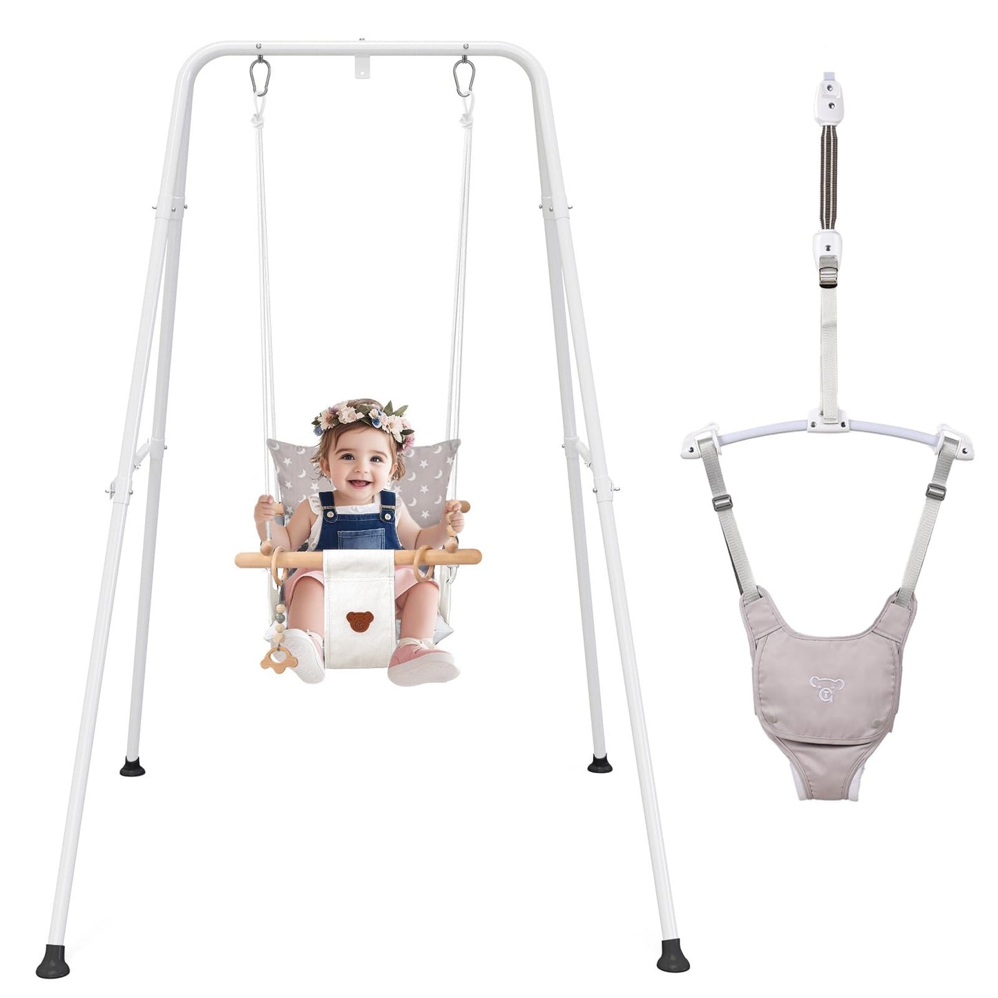 2 in 1 Baby Jumper with Toddler Swing, Baby Jumpers and Bouncers,Indoor Outdoor Toddler Swing Set, Cotton, White