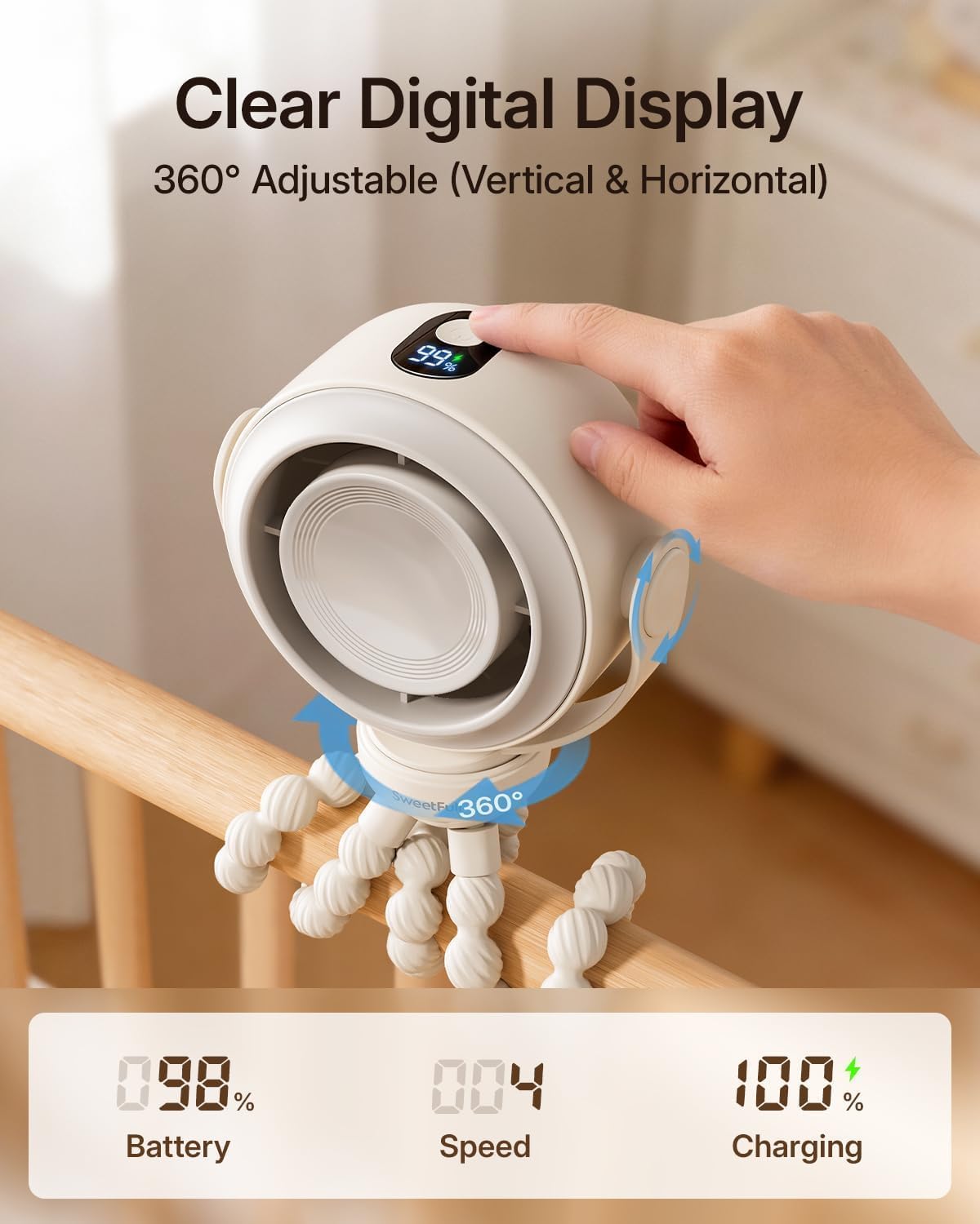 SWEETFULL Portable Stroller Fan, Pinch-Proof Baby Fan, 5-Speed Quiet Mini Clip on Fan, USB-C Rechargeable Battery, LED Display for Car Seat, Crib & Travel - Cream