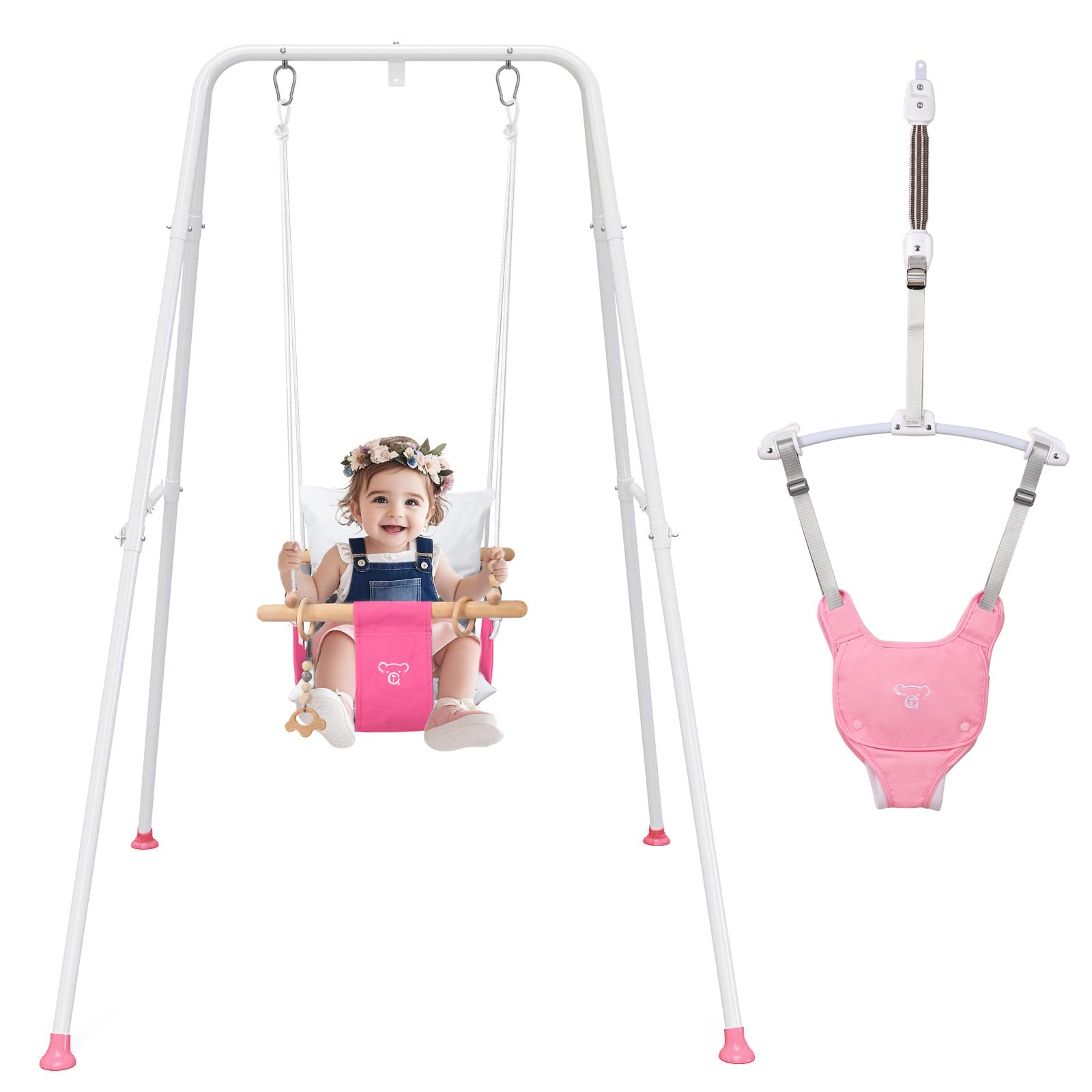 2 in 1 Baby Jumper with Toddler Swing, Baby Jumpers and Bouncers,Indoor Outdoor Toddler Swing Set, Cotton, White
