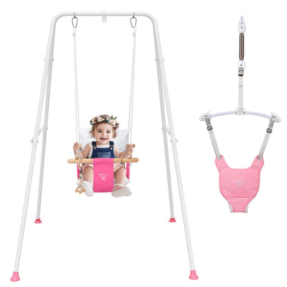 2 in 1 Baby Jumper with Toddler Swing, Baby Jumpers and Bouncers,Indoor Outdoor Toddler Swing Set, Cotton, White