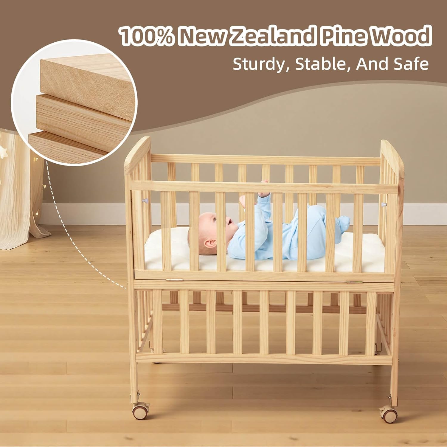 Flwrgirl Baby Bassinets Bedside Sleeper - Portable Pine Wood Bedside Bassinet,6 Heights Small Mini Crib with Mattress,Space-Saving Design Baby Crib for Newborns 0-12 Months,Unpainted