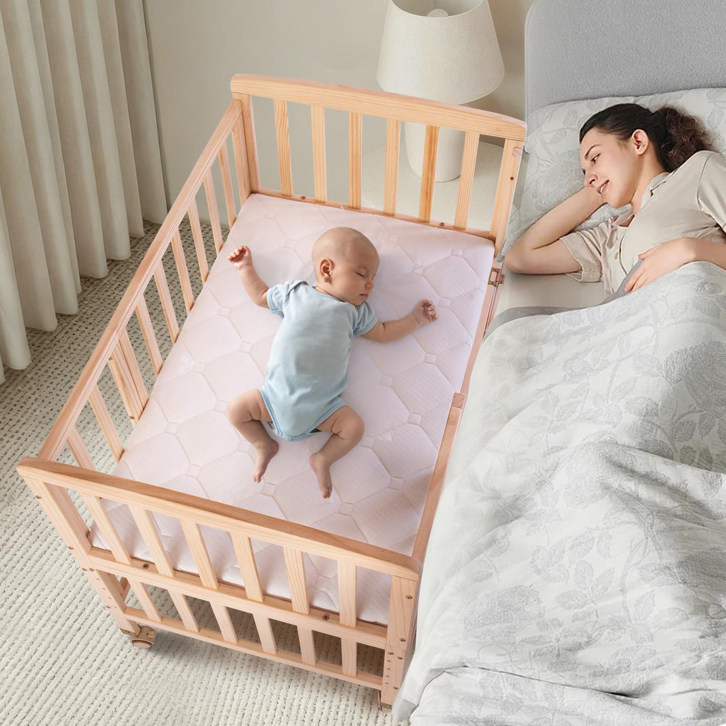 Flwrgirl Baby Bassinets Bedside Sleeper - Portable Pine Wood Bedside Bassinet,6 Heights Small Mini Crib with Mattress,Space-Saving Design Baby Crib for Newborns 0-12 Months,Unpainted