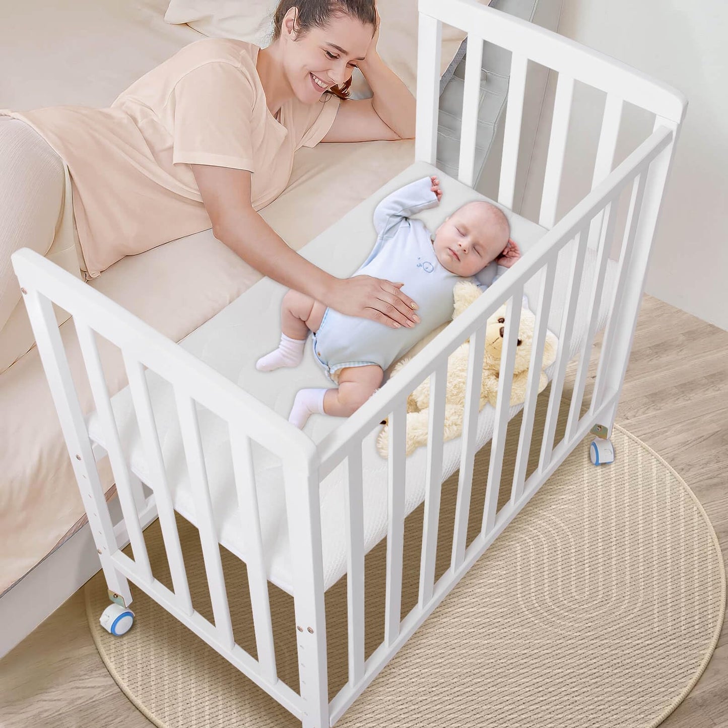 Flwrgirl Baby Bassinets Bedside Sleeper - Portable Pine Wood Bedside Bassinet,6 Heights Small Mini Crib with Mattress,Space-Saving Design Baby Crib for Newborns 0-12 Months,Unpainted