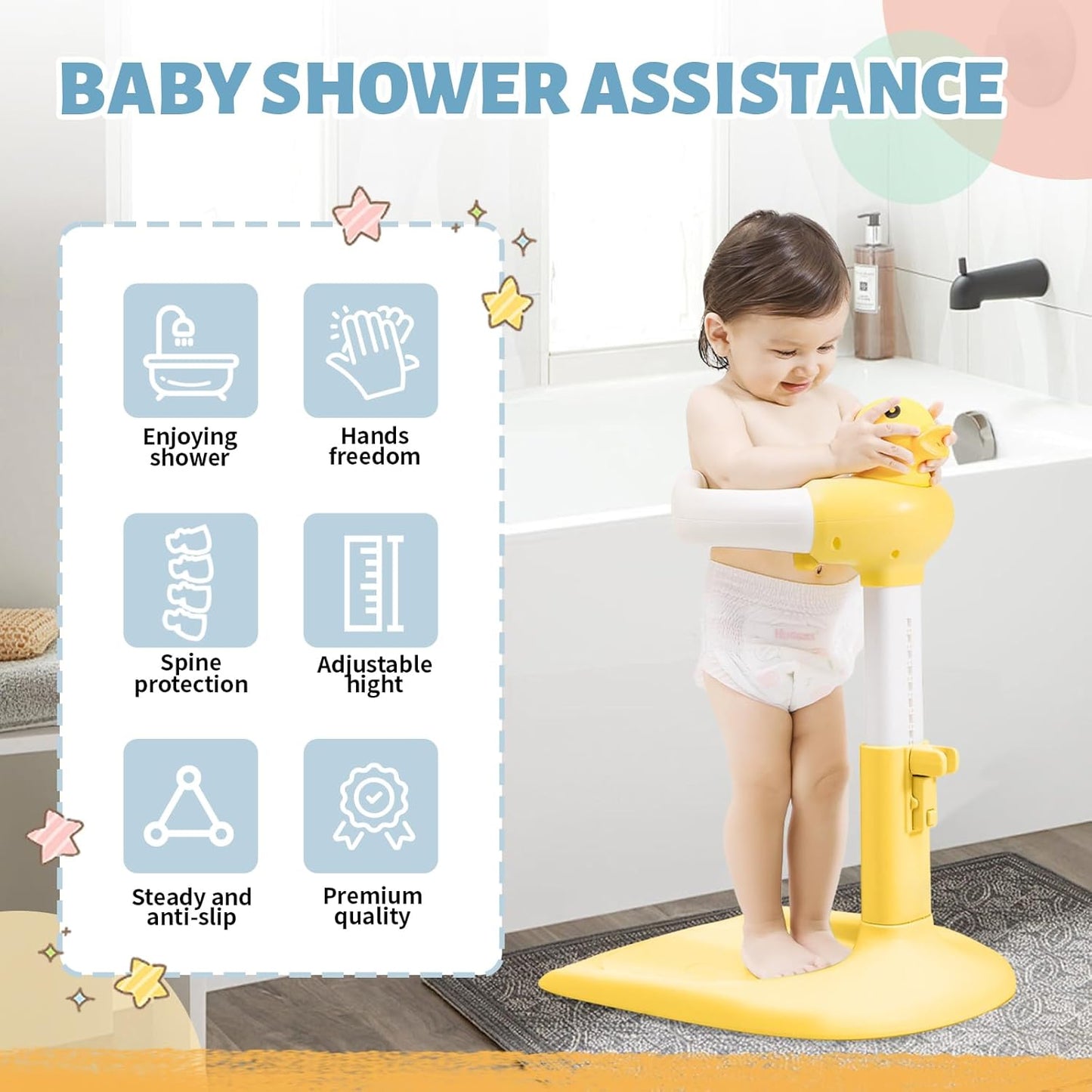 Baby Shower Stand, Toddler Bath Standing Support with Anti-Slip Base and Shower Holder, Adjustable Height, Soporte para Bañera de Bebé, Ideal Gift for Infants 6-36 Months-Yellow (Upgraded-Duck)