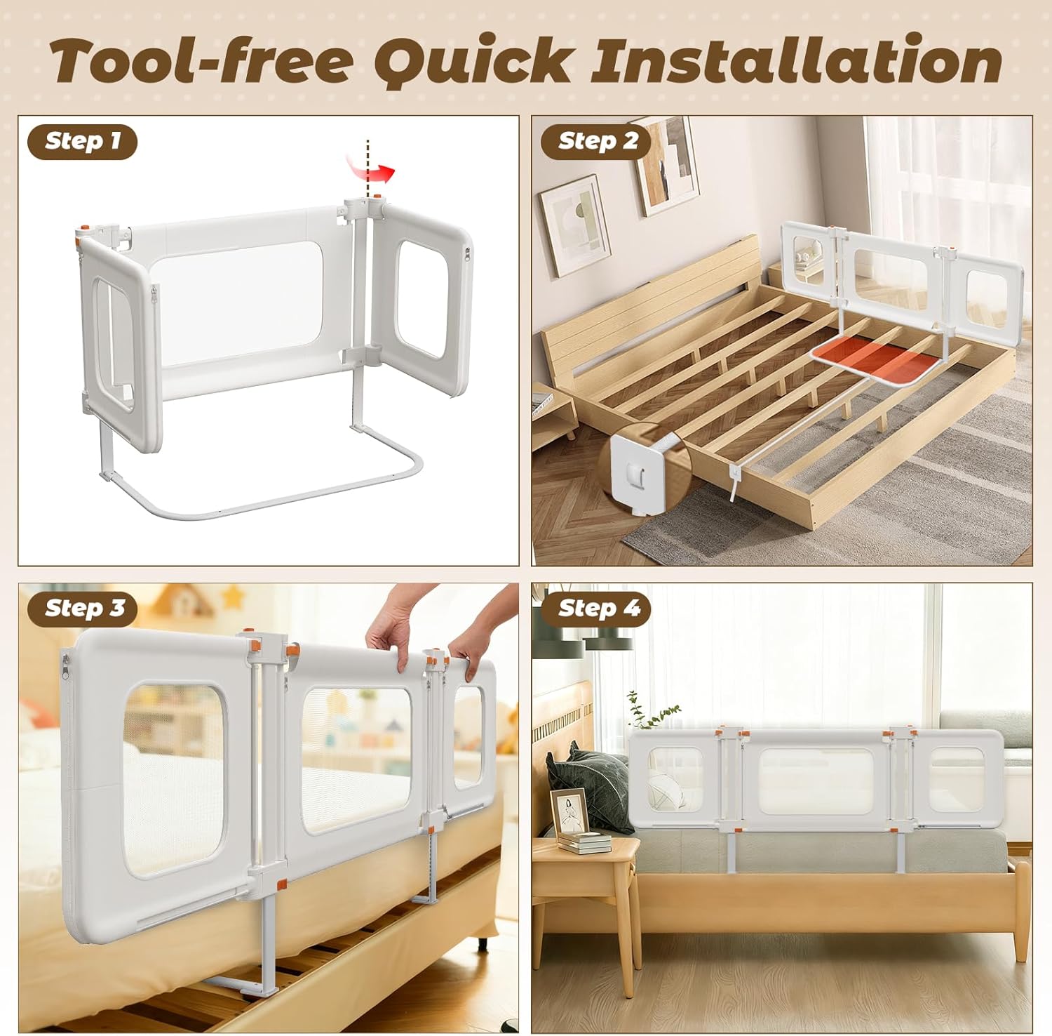 3 in 1 Bedside Bassinet, 69.26" x 19.29" Baby Bassinets Bedside Sleeper with Mosquito Net + Storage Bag + Child Lock, Baby Crib & Toddler Bed Rails for Twin, Full, Queen, King Size, Beige