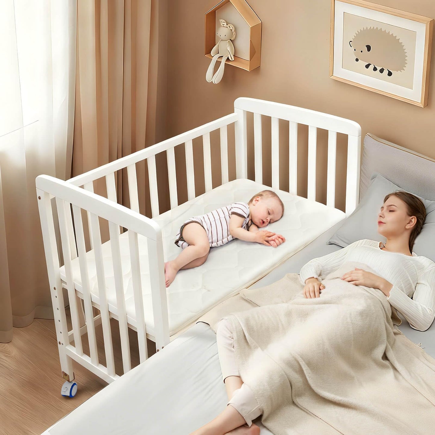Flwrgirl Baby Bassinets Bedside Sleeper - Portable Pine Wood Bedside Bassinet,6 Heights Small Mini Crib with Mattress,Space-Saving Design Baby Crib for Newborns 0-12 Months,Unpainted