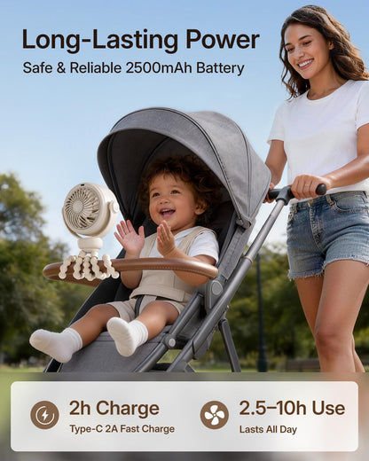 SWEETFULL Portable Stroller Fan, Pinch-Proof Baby Fan, 5-Speed Quiet Mini Clip on Fan, USB-C Rechargeable Battery, LED Display for Car Seat, Crib & Travel - Cream