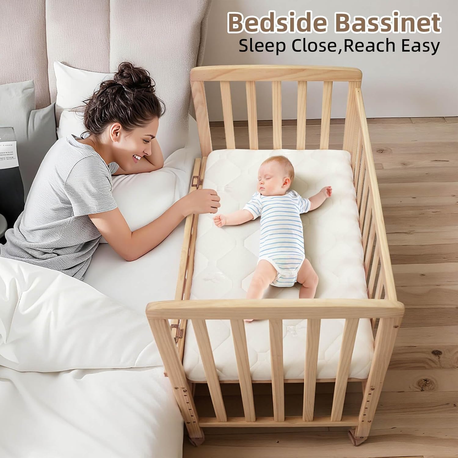 Flwrgirl Baby Bassinets Bedside Sleeper - Portable Pine Wood Bedside Bassinet,6 Heights Small Mini Crib with Mattress,Space-Saving Design Baby Crib for Newborns 0-12 Months,Unpainted