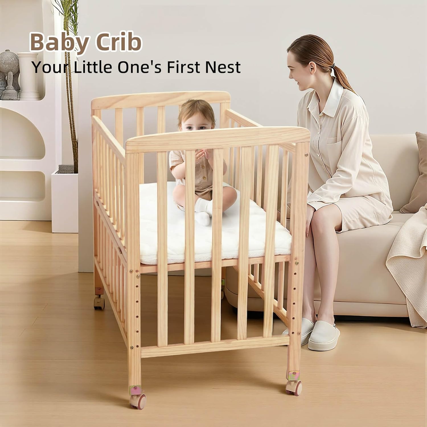Flwrgirl Baby Bassinets Bedside Sleeper - Portable Pine Wood Bedside Bassinet,6 Heights Small Mini Crib with Mattress,Space-Saving Design Baby Crib for Newborns 0-12 Months,Unpainted