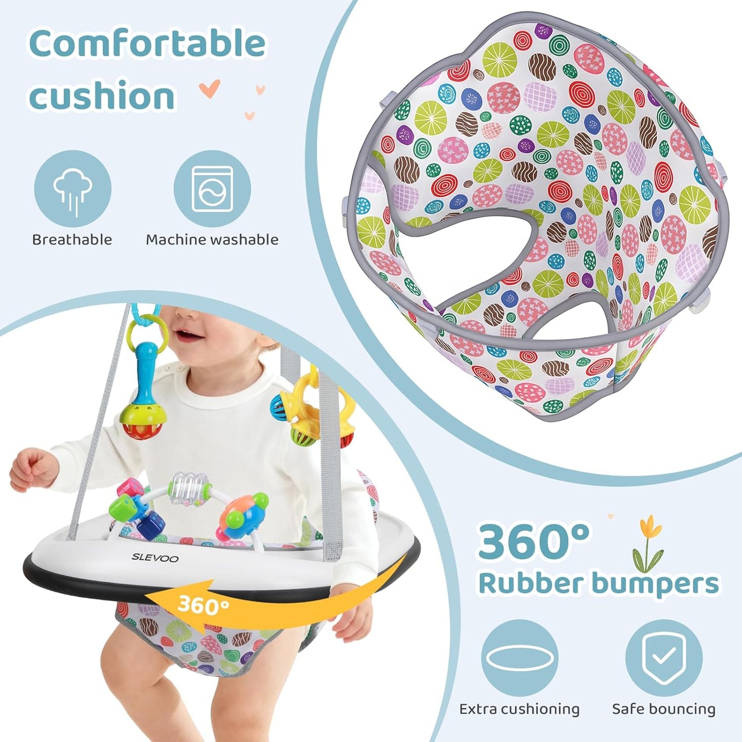 Slevoo Baby Jumper, Baby Door Jumper with Bumper, Play Tray and Two Jingle Rattles, Joyful Bubbles