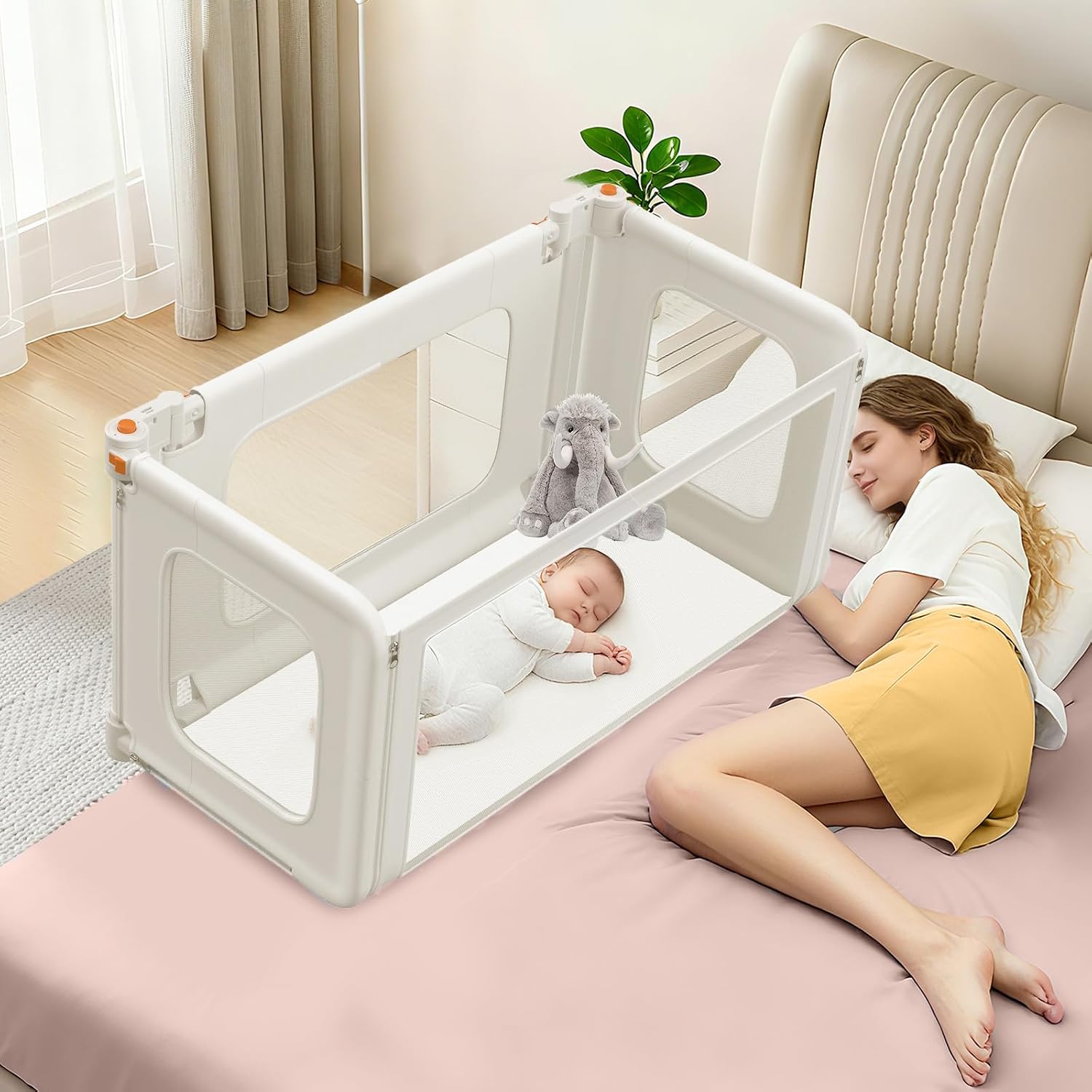 3 in 1 Bedside Bassinet, 69.26" x 19.29" Baby Bassinets Bedside Sleeper with Mosquito Net + Storage Bag + Child Lock, Baby Crib & Toddler Bed Rails for Twin, Full, Queen, King Size, Beige