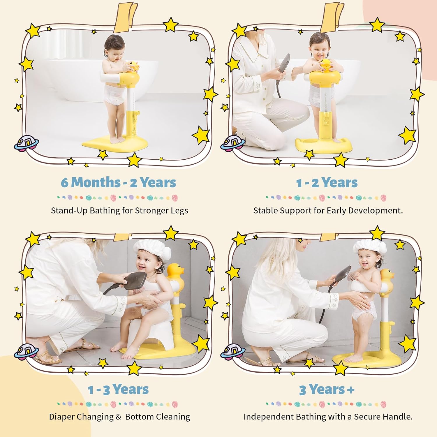 Baby Shower Stand, Toddler Bath Standing Support with Anti-Slip Base and Shower Holder, Adjustable Height, Soporte para Bañera de Bebé, Ideal Gift for Infants 6-36 Months-Yellow (Upgraded-Duck)