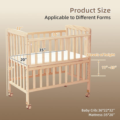 Flwrgirl Baby Bassinets Bedside Sleeper - Portable Pine Wood Bedside Bassinet,6 Heights Small Mini Crib with Mattress,Space-Saving Design Baby Crib for Newborns 0-12 Months,Unpainted