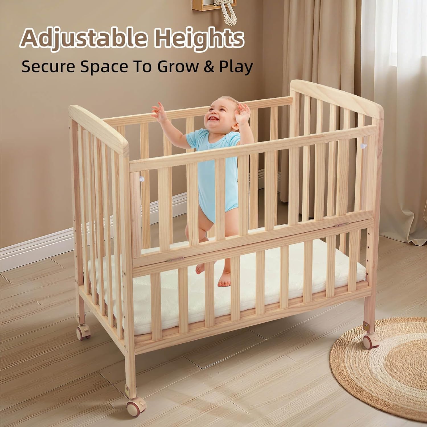 Flwrgirl Baby Bassinets Bedside Sleeper - Portable Pine Wood Bedside Bassinet,6 Heights Small Mini Crib with Mattress,Space-Saving Design Baby Crib for Newborns 0-12 Months,Unpainted