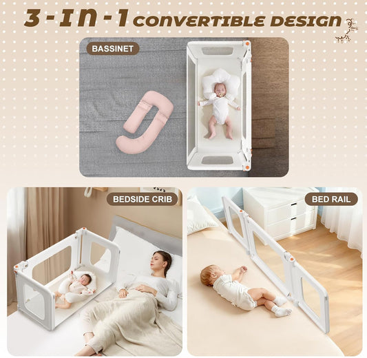 3 in 1 Bedside Bassinet, 69.26" x 19.29" Baby Bassinets Bedside Sleeper with Mosquito Net + Storage Bag + Child Lock, Baby Crib & Toddler Bed Rails for Twin, Full, Queen, King Size, Beige