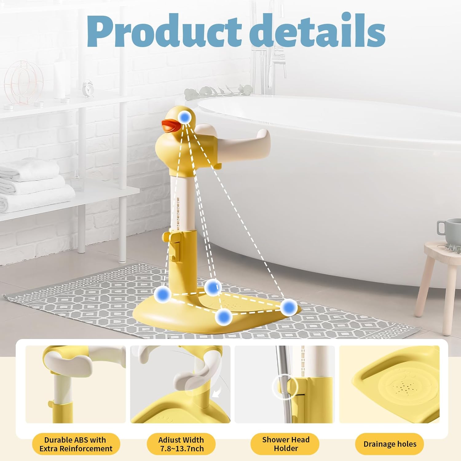 Baby Shower Stand, Toddler Bath Standing Support with Anti-Slip Base and Shower Holder, Adjustable Height, Soporte para Bañera de Bebé, Ideal Gift for Infants 6-36 Months-Yellow (Upgraded-Duck)