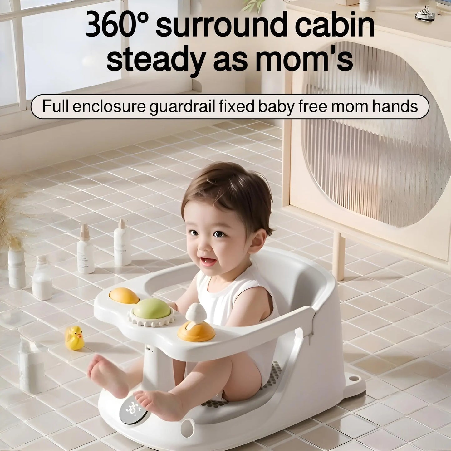 Baby Bath Seat with Temperature Sensor – Non-Slip Infant Bathtub Seat & Rinse Cup for 6M+
