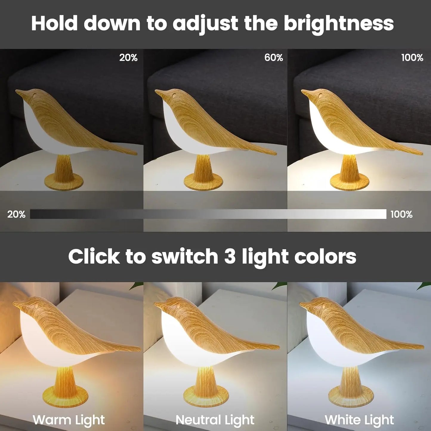 Bird Touch Bedside Lamp for Kids – USB Rechargeable Night Light