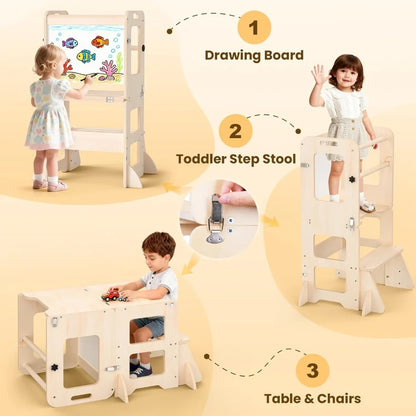 Foldable Kids Learning Tower with Whiteboard – Helper Stool