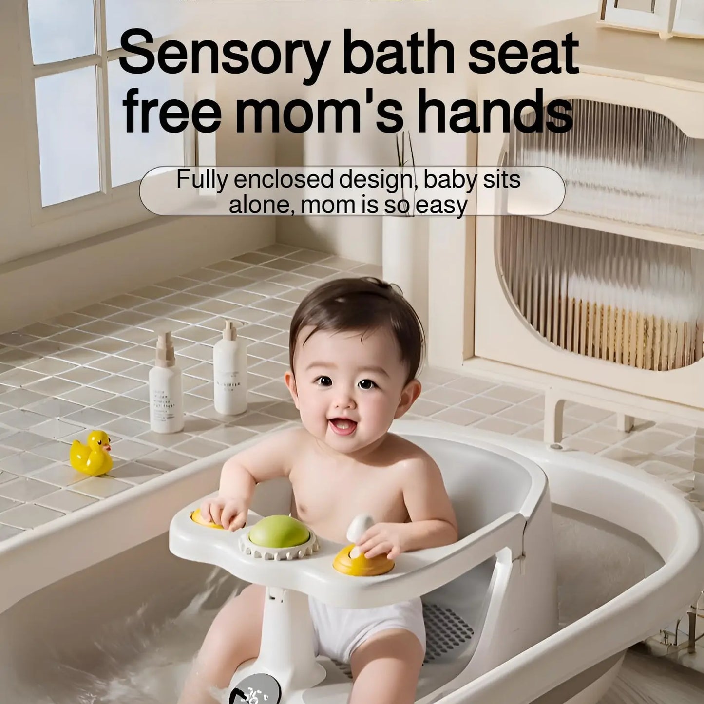 Baby Bath Seat with Temperature Sensor – Non-Slip Infant Bathtub Seat & Rinse Cup for 6M+