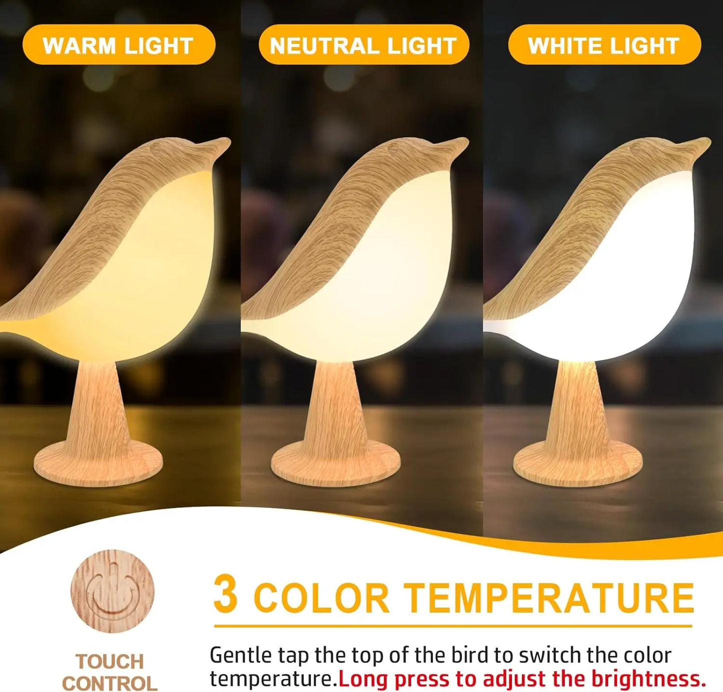 Bird Touch Bedside Lamp for Kids – USB Rechargeable Night Light