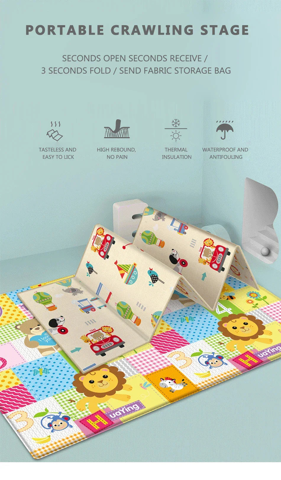 Double-sided Foldable Children Carpet Cartoon Baby Play Mat Educational Baby Activity Carpet Waterproof and Easy to Store