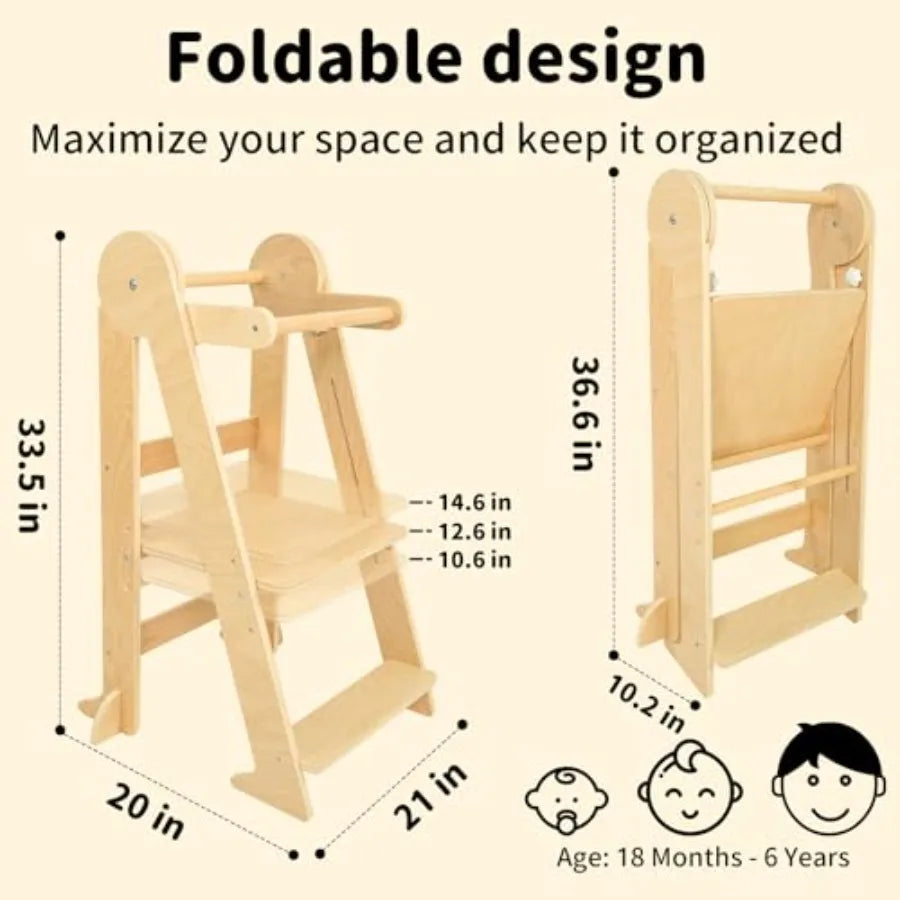 Foldable Montessori Kitchen Helper Tower – Adjustable Stool