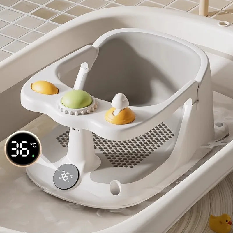 Baby Bath Seat with Temperature Sensor – Non-Slip Infant Bathtub Seat & Rinse Cup for 6M+